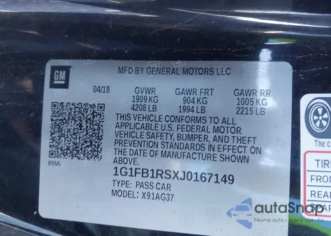 2018 Chevrolet Camaro 1Lt из США, поврежденный, VIN 1G1FB1RSXJ0167149